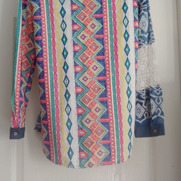 John Mark  Embroidered Patch Lacey Colorful Button L-Sleeve Shirt S - Picture 12 of 15